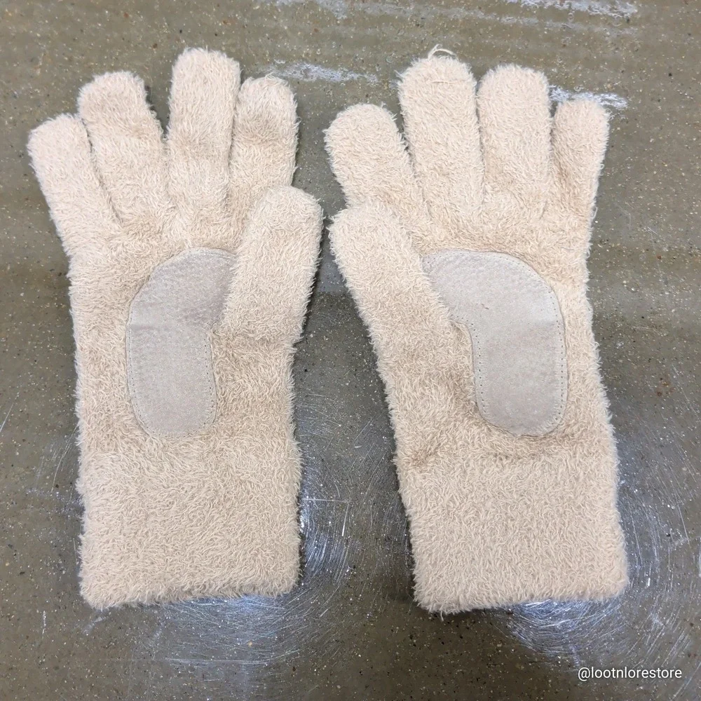 All in Motion Tan Fuzzy Knit Gloves Leather Palm Grip Suede Patch One Size